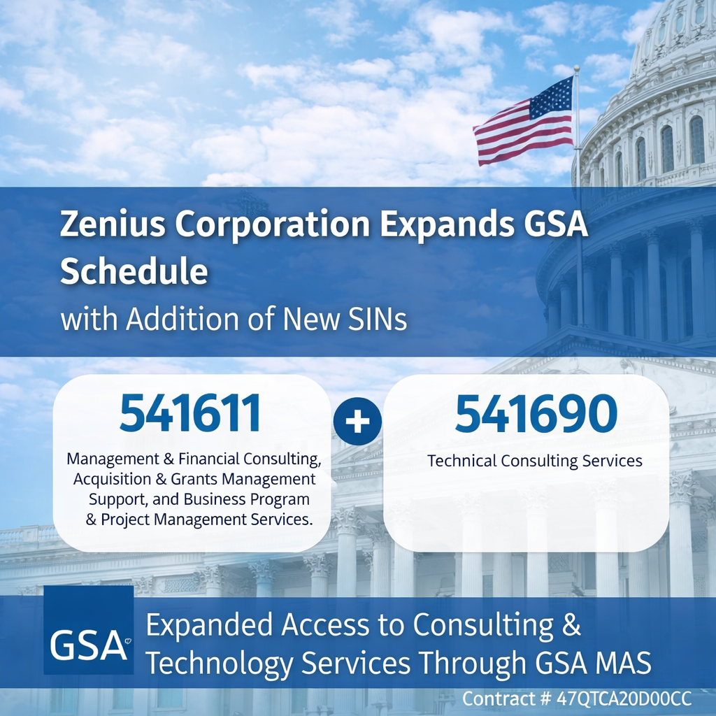 Zenius Corporation Expands GSA Schedule with Addition of SINs 541611 and 541690